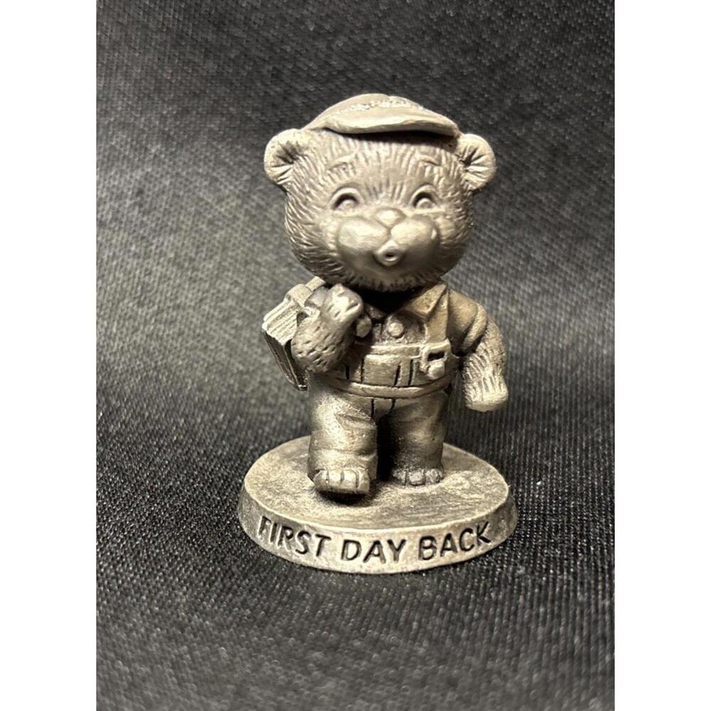 VTG Avon Pewter Bear Figurine with Backpack for School Says First Day Back